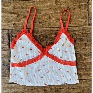Y2K H&M Ribbed Cherry Tank Medium Lace Cropped Babydoll Retro